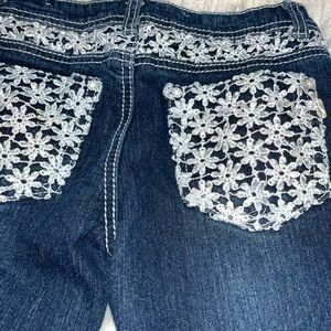Free Planet Dark Blue Straight Leg Jeans with White Crochet Pockets girls 8